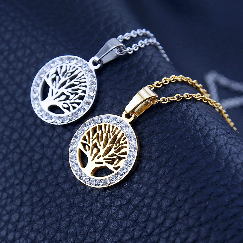 Золотое ожерелье с кулоном в виде дерева жизни кристаллами из нержавеющей стали