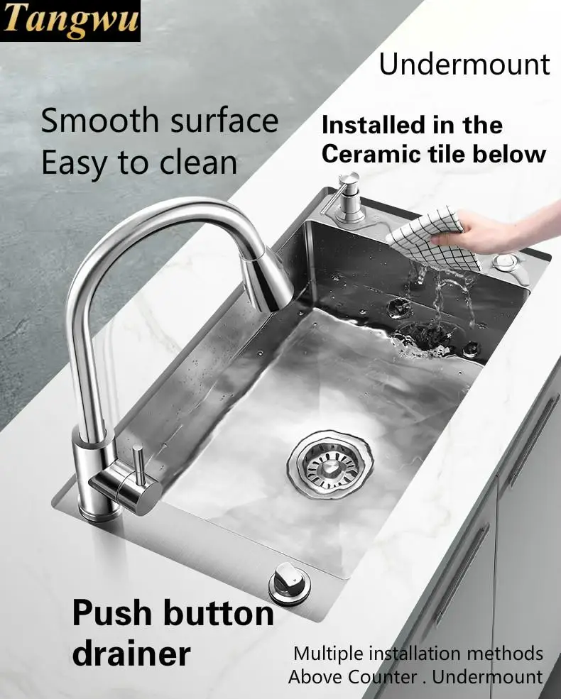Free shipping Apartment luxury push button drainer kitchen manual sink single trough stretch faucet 304 stainless steel 70x41 CM |