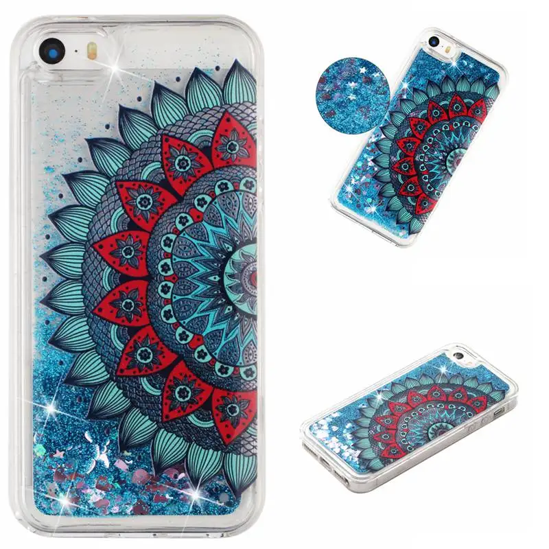Case For iPhone 5 5s SE Protective Shell Glitter Shine Quicksand Flowing Liquid Flower Pattern Shockproof Back Cover Soft TPU |