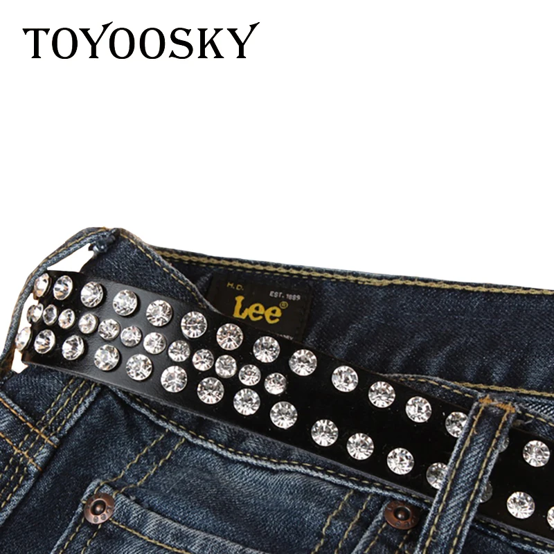 

Fashion Woman Belt Punk Hip-hop Bling Round Rock Pin Buckle Rivet White Black Rhinestone Self Tie Split Leather Belt for Dress