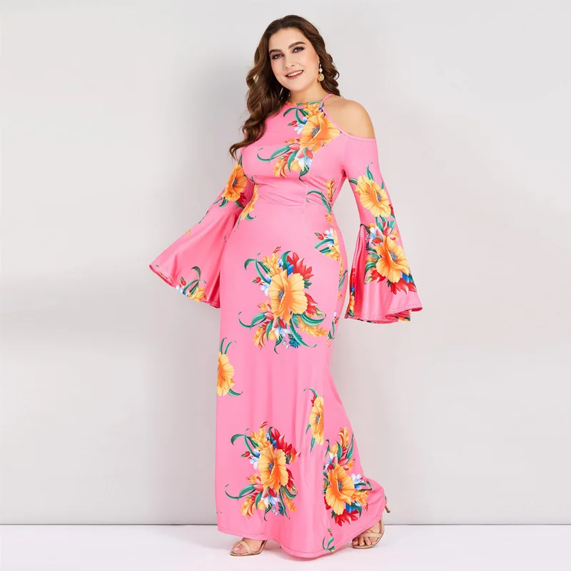 2019 Spring Sexy Women Plus Size Long Dress 3XL 4XL Halter Summer Casual Floral Big Off Shoulder Elastic Pink Maxi | Женская одежда