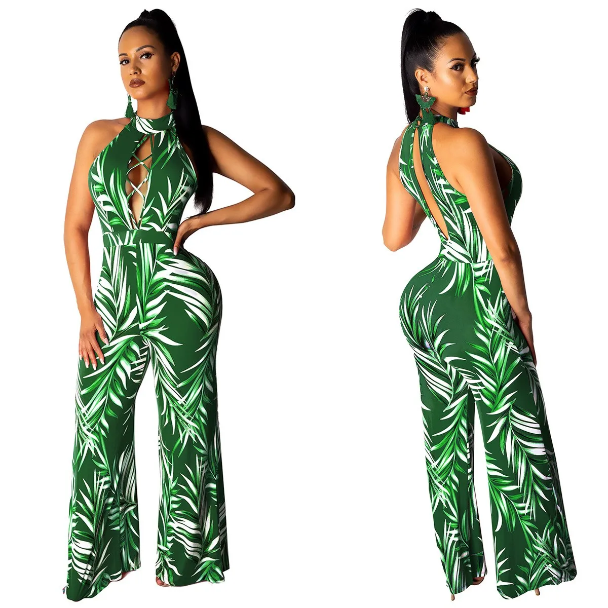 Women Sexy Halter Backless Print Floral Jumpsuit Casual Off Shoulder Hollow Out Wide Leg Rompers Straight Summer Long Overalls | Женская