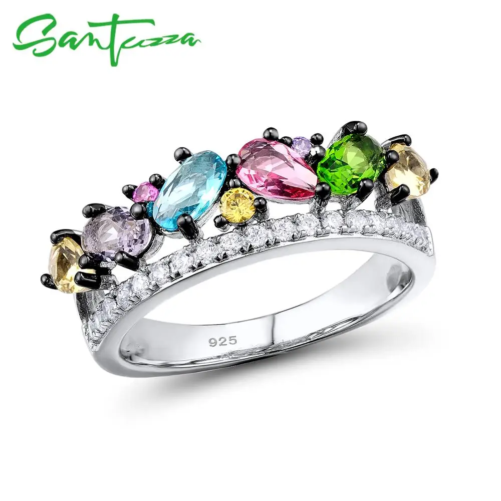Женское серебряное кольцо SANTUZZA, 925 пробы, серебряные Модные кольца для женщин, цветные камни, кубический цирконий, кольца, вечерние ювелирные изделия