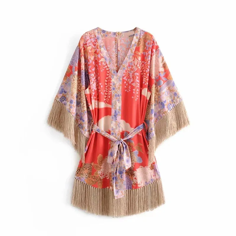Летнее женское платье с кисточками Кимоно Стиль Цветочный Принт бохо