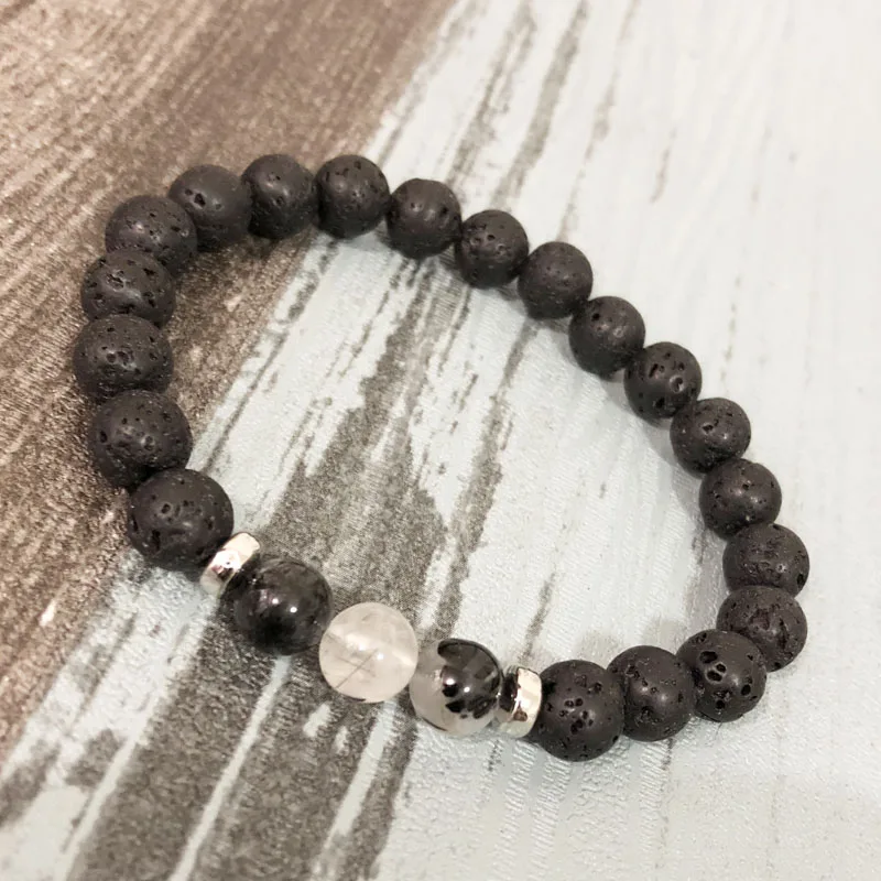 

Men Black Lava Stone Beaded Bracelet Rutilated Quartzs Stretch Wrist Bracelet For Men Gift Popular Bead bracelets