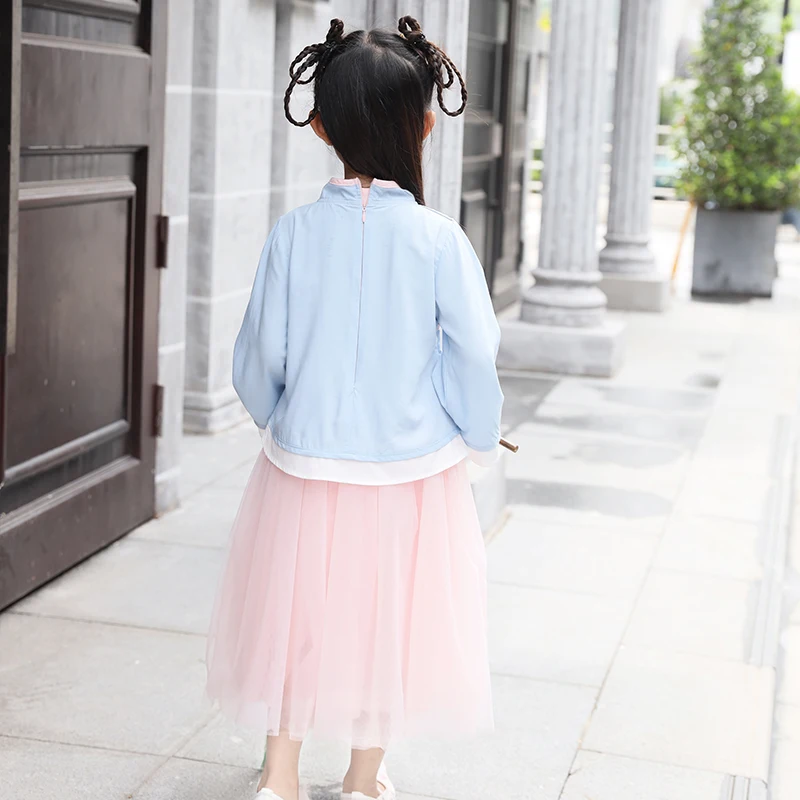 Hanfu/комплект одежды для девочек, осень года, китайский стиль, топ с цветочным принтом для маленьких девочек+ юбка, костюм из двух предметов для девочек, Детский костюм, От 3 до 10 лет