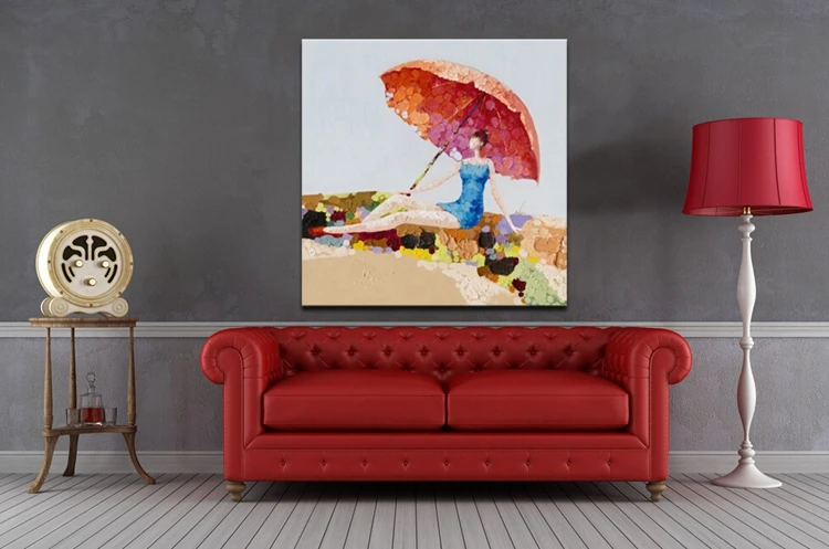 Картина маслом на холсте "Красивая девушка с зонтиком, абстрактная фигура" для продажи онлайн без рамки, свернутая в тубус.
