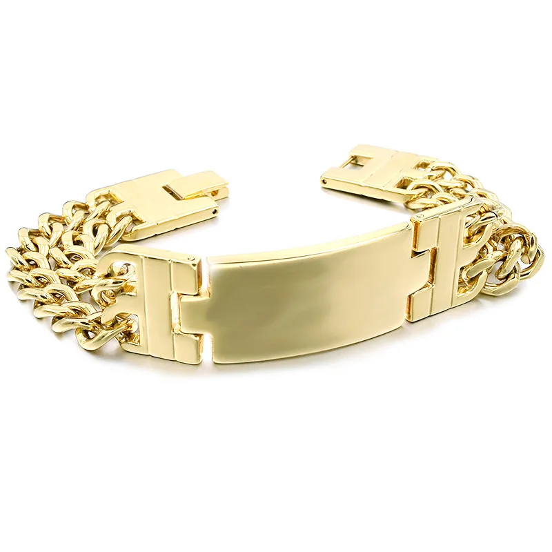 gold color Gokadima мужские браслеты из нержавеющей стали с двойной цепочкой ID ювелирные изделия, Рок Байкер, подарочные браслеты, WB107 - Окраска металла: gold color