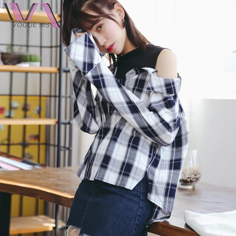 VOGUE SIS Поддельные Из Двух Частей Blusas Femininas 2017 Camisas Мода С Плеча Плед Лоскутное Осень