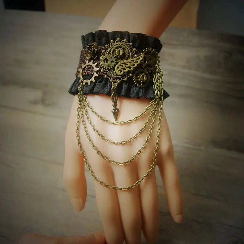 Готический панк сексуальные черные кружевные браслеты Ретро Косплей Шестерня