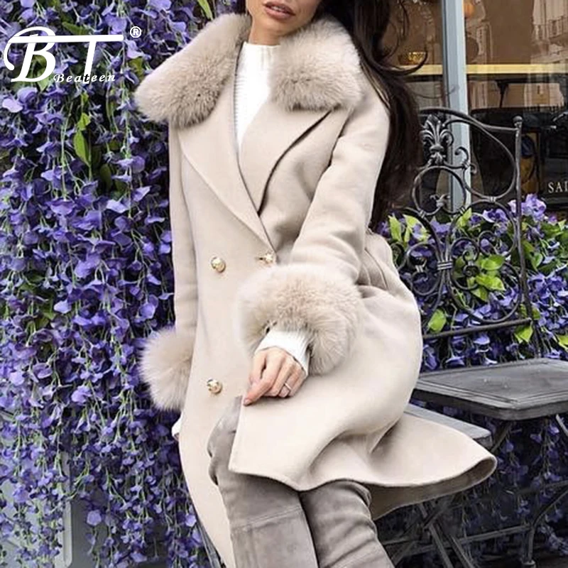 Женское офисное шерстяное пальто Beateen двубортное длинное с поясом повседневное