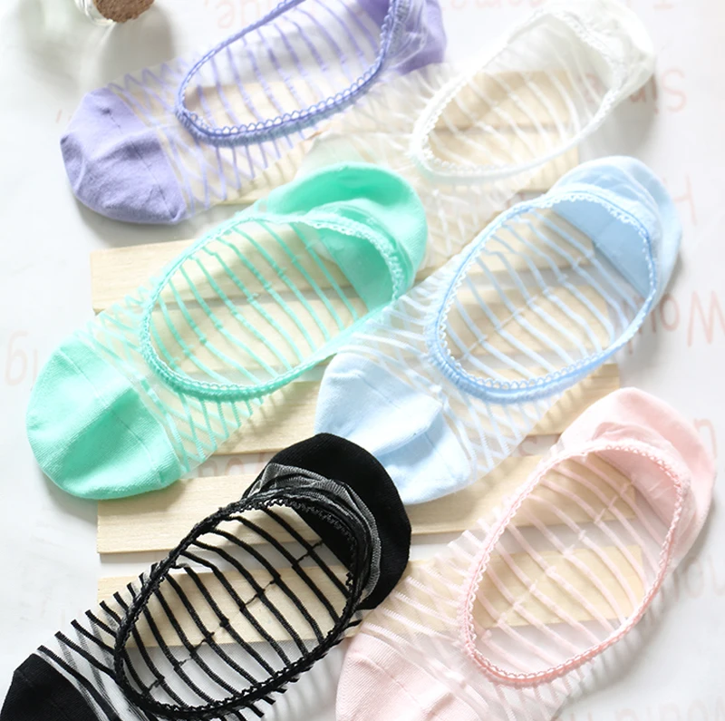 5 Pairs/Lot Woman Korean Thin Glass Invisible Boat Socks Ladies Stripe Crystal Sweet Light Mouth 6 Color Socks Slippers Girl Bas