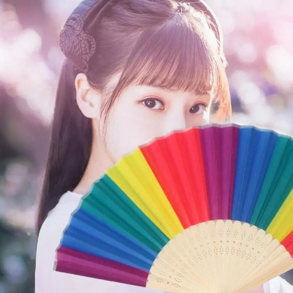 

Handle Fans Vintage Bamboo Folding Hand Held Flower Fan Chinese Dance Party Pocket Gifts Wedding Colorful Decor Rainbow Hand Fan