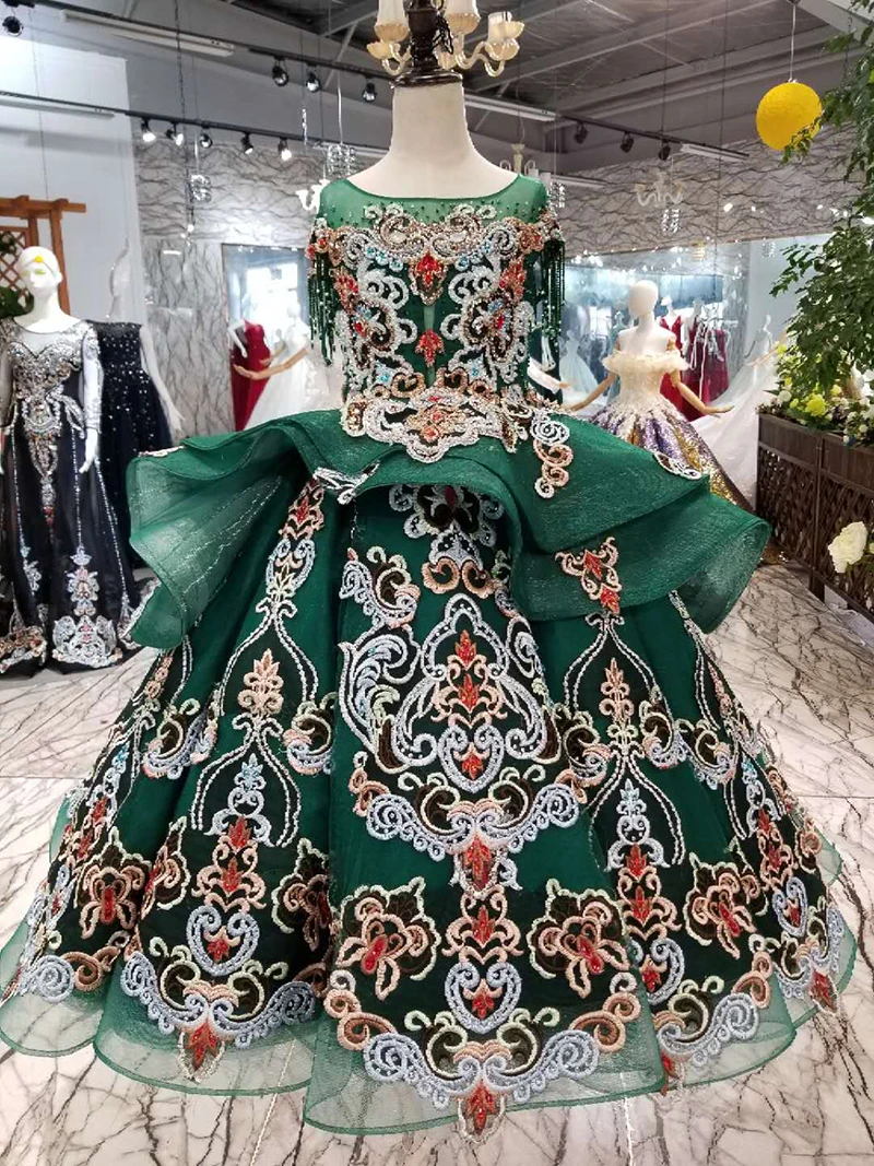 Красивые зеленые пышные платья LS98550 с цветочным принтом для девочек кружевные до