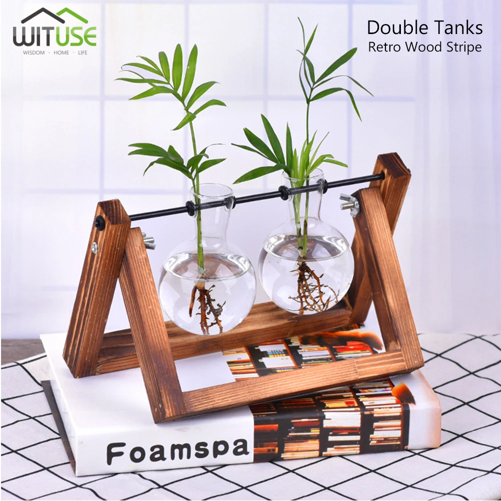 Retro wood WITUSE горшок для растений цветочный горшок Грут кастрюли прозрачное стекло лампочка Кашпо с деревенской деревянной подставкой металлический поворотный держатель 12 видов стилей - Цвет: Retro wood