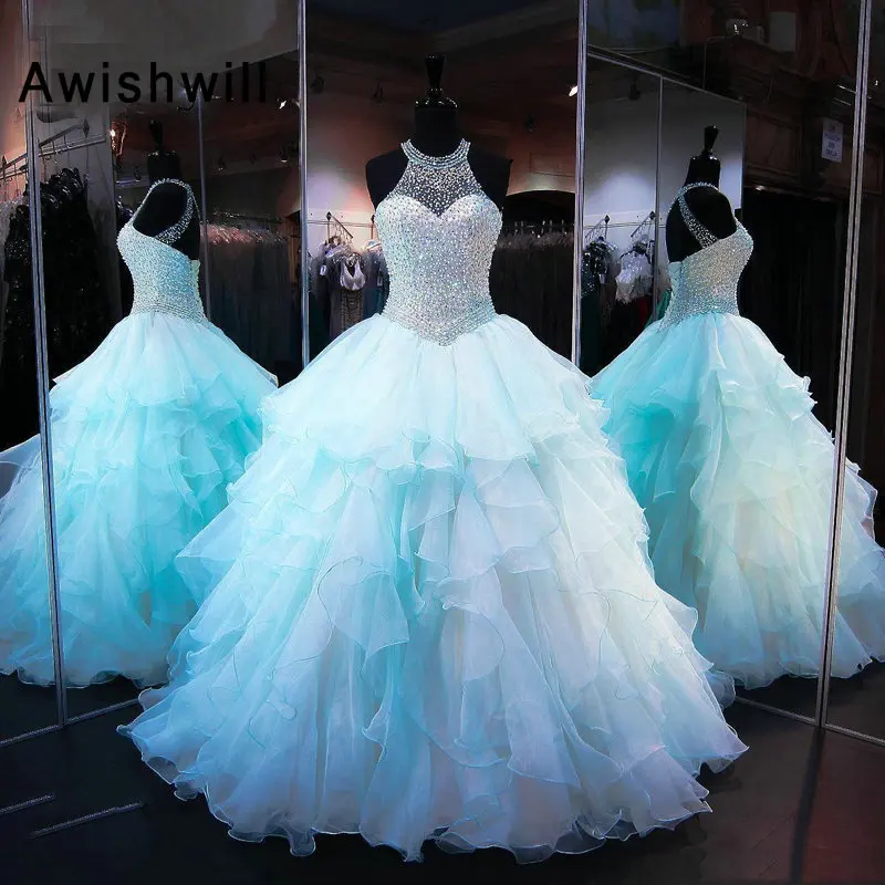 

Gorgeous Ball Gown Prom Dresses Dubai Backless Long Crystal Beaded Organza Evening Gown 2020 Formal Dress Vestido De Festa Longo