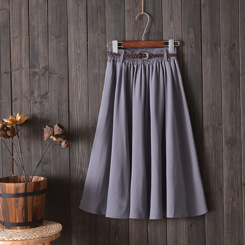 

Midi Knee Length Summer Skirt Women With Belt 2019 Fashion Korean Ladies High Waist Pleated A-line School Skirt Female