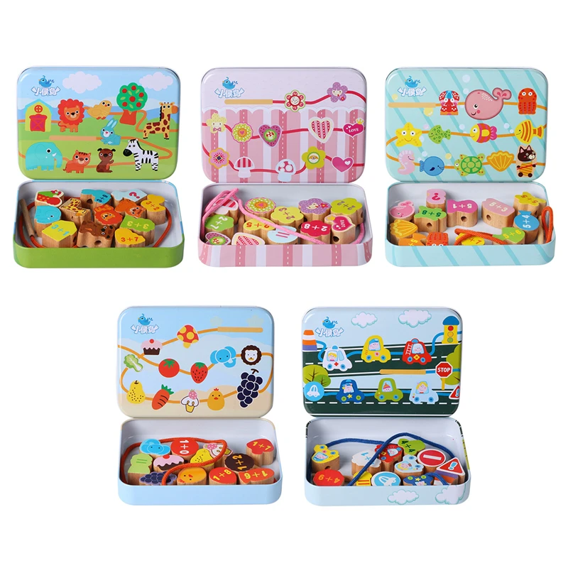 Wooden Toy Cartoon Animals Fruit DIY Toy Beads toy Stringing Threading Beads Game Education Toy for Baby Kids Children