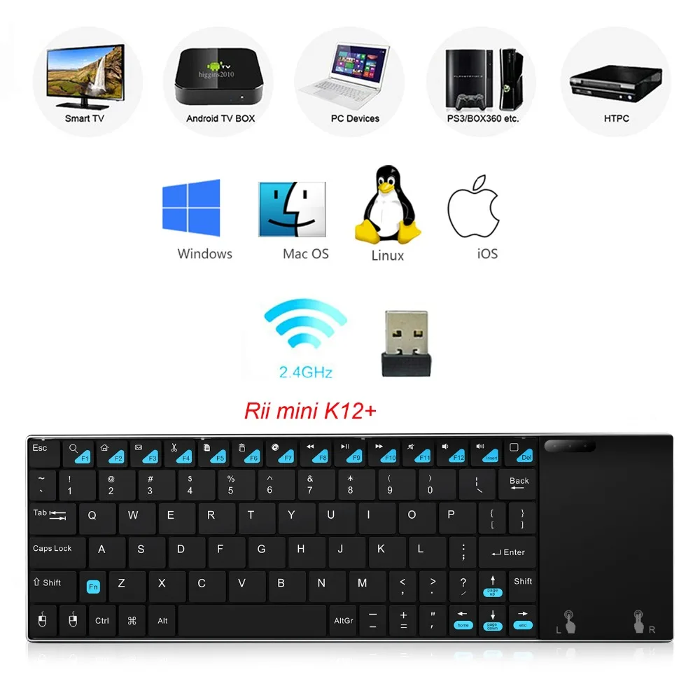 Новая версия Rii Мини K12 плюс оригинальный ультра-тонкий алюминиевый + qwerty-тачпад