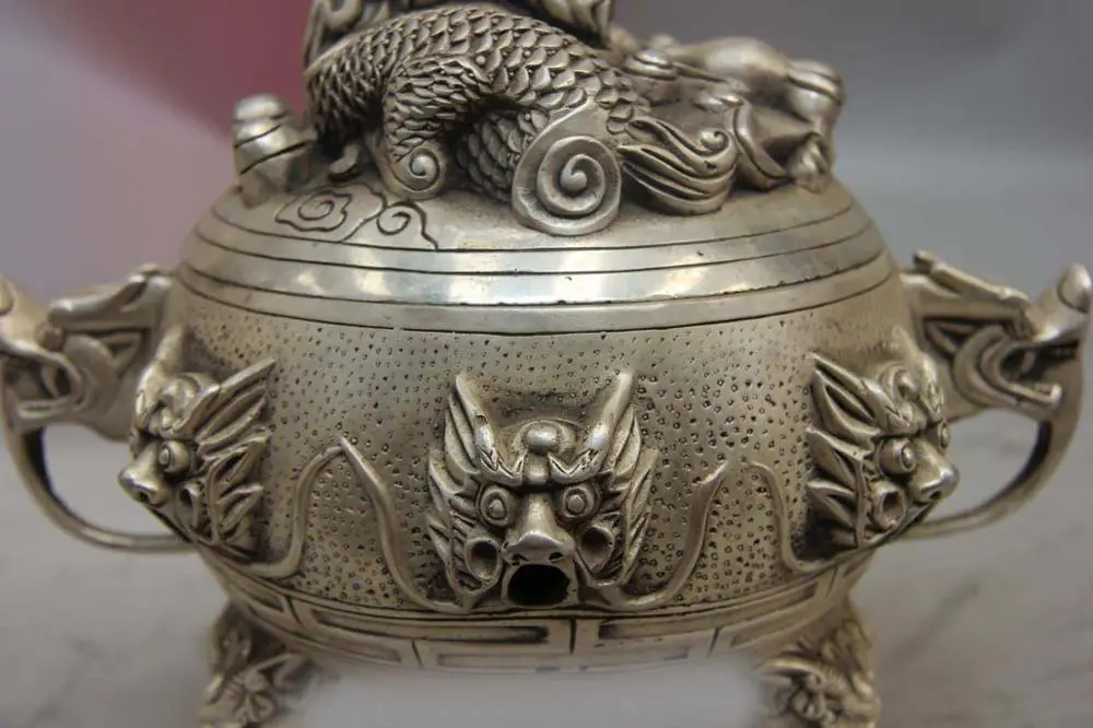 Китайский буддистский храм белая медь серебро девять голов дракона курильница