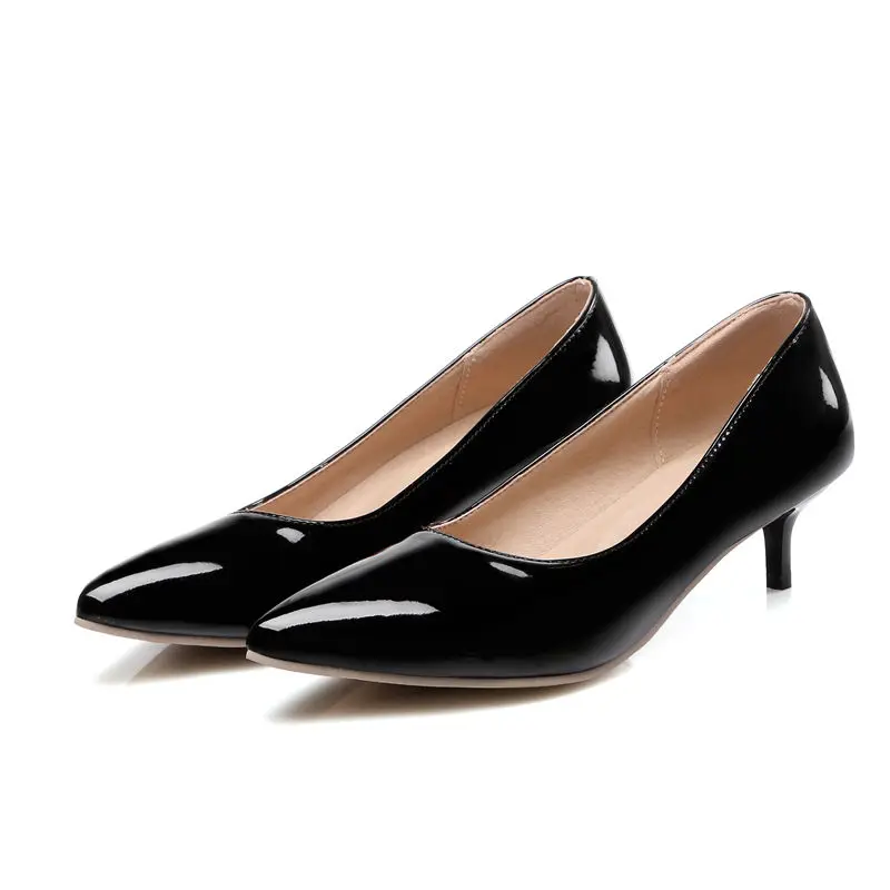 2017 Женская Мода Насосы Спайк Среднего Каблуки Med Указал Toe PU Лакированная Кожа