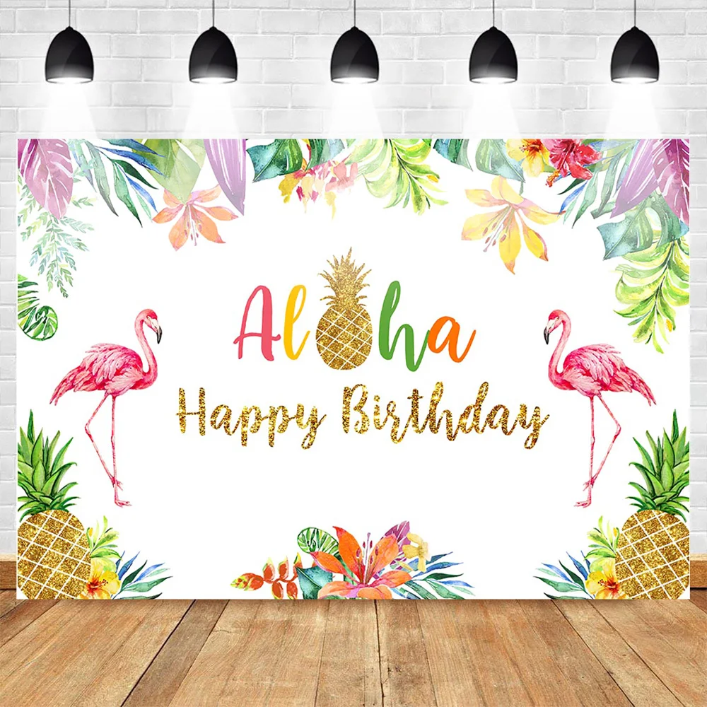 Tropical Flamingo Happy Birthday Backdrop Aloha Gold Pineapple Hawaii Party Photography Backdrops Studio Props | Электроника