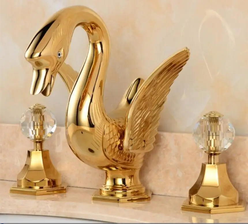 

Widespread Golden 3 Pcs Bathroom Swan Basin Faucet Lavatory Basin Sink Mixer Widespread Sinks Taps