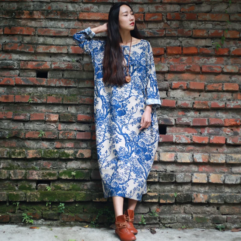 Осеннее платье с длинным рукавом повседневное женское из льна и хлопка длинное