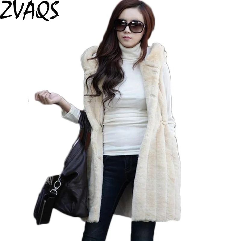 Осенне-зимний жилет из искусственного кроличьего меха с капюшоном теплое пальто