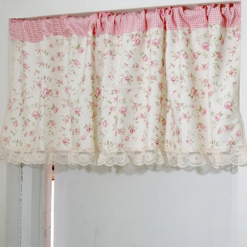 Короткие шторы кухонные занавески розового цвета с цветочным принтом пельмет