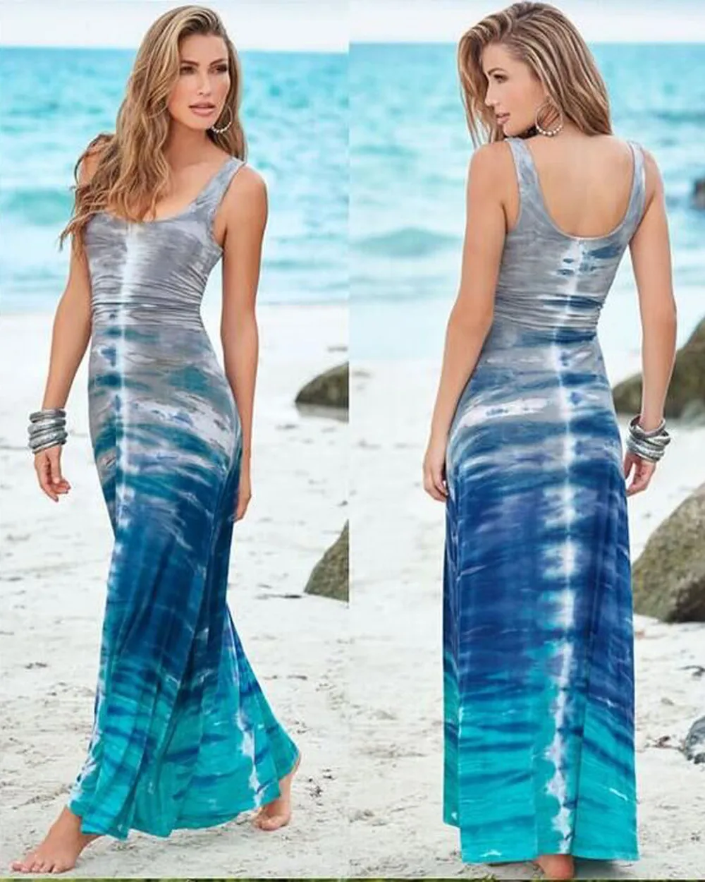 Сексуальное женское летнее платье без рукавов с цветочным рисунком синее