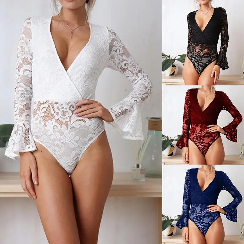 Осень зима тела Feminino пикантные с длинными рукавами v образным вырезом кружевной