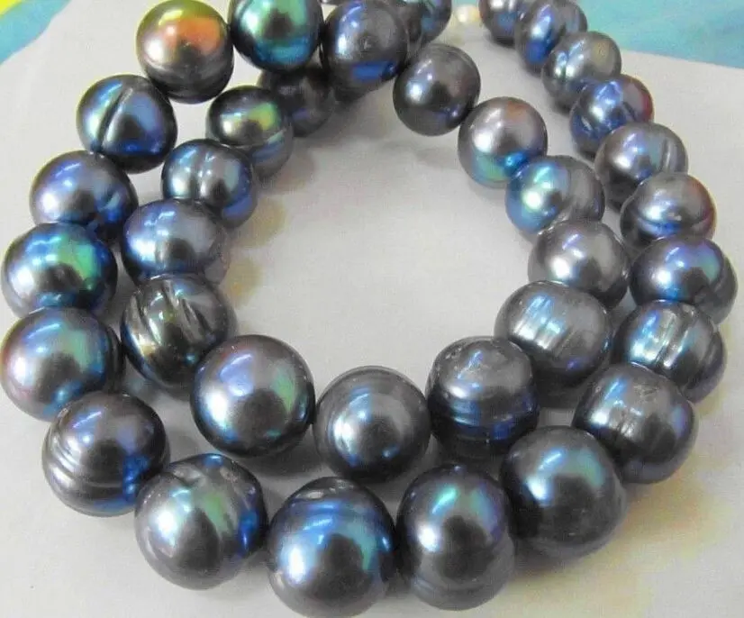

REAL BEAUTIFUL NATURAL 12-13MM SOUTH SEA BLACK BLUE PEARL NECKLACE 18 "