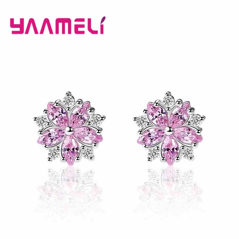 

Top Quality Round Flower Shape Stud Earrings 925 Sterling Silver Pink Cubic Zirconia Delicate Women Earrings
