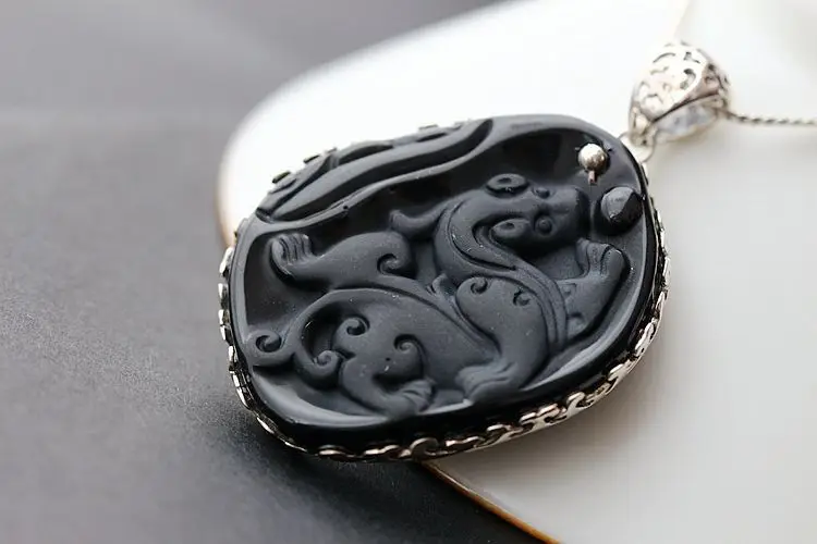 Серебряные модные ювелирные изделия из серебра s925 пробы с подвеска из натурального обсидиана после Кельна резьба тайский серебряный кулон