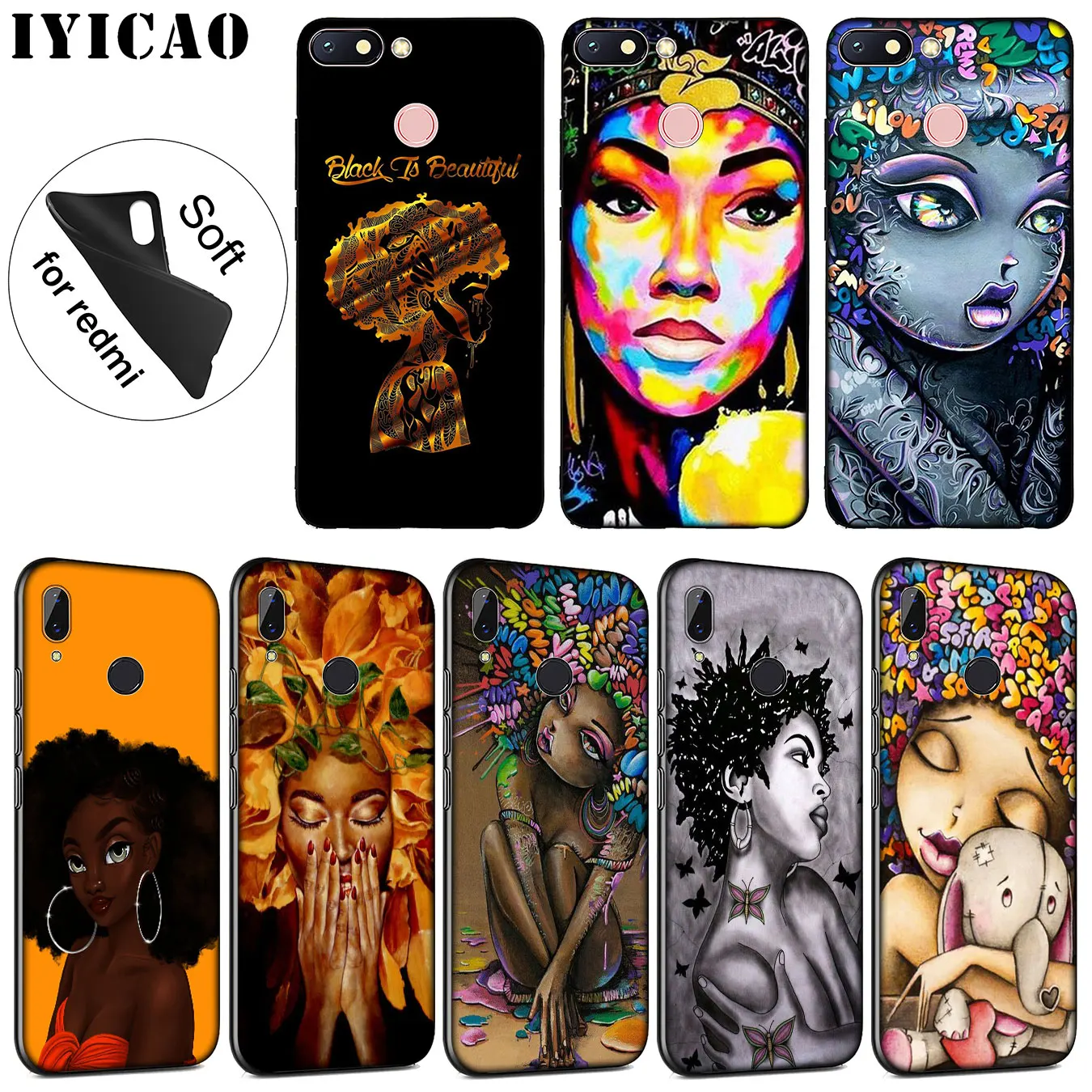 IYICAO African Girls Soft Silicone Phone Case for Xiaomi Redmi K30 K20 8A 7A 6A 5A S2 GO Note 8 8T 7 5 6 Pro Black TPU Cover |