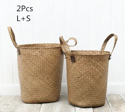 2Pcs Европейский сизаль ручные плетеные корзины для одежды игрушки для мелочей плетеная корзина для хранения Контейнер держатель для хранения соломенные бочки цветочный горшок - Цвет: 2Pcs