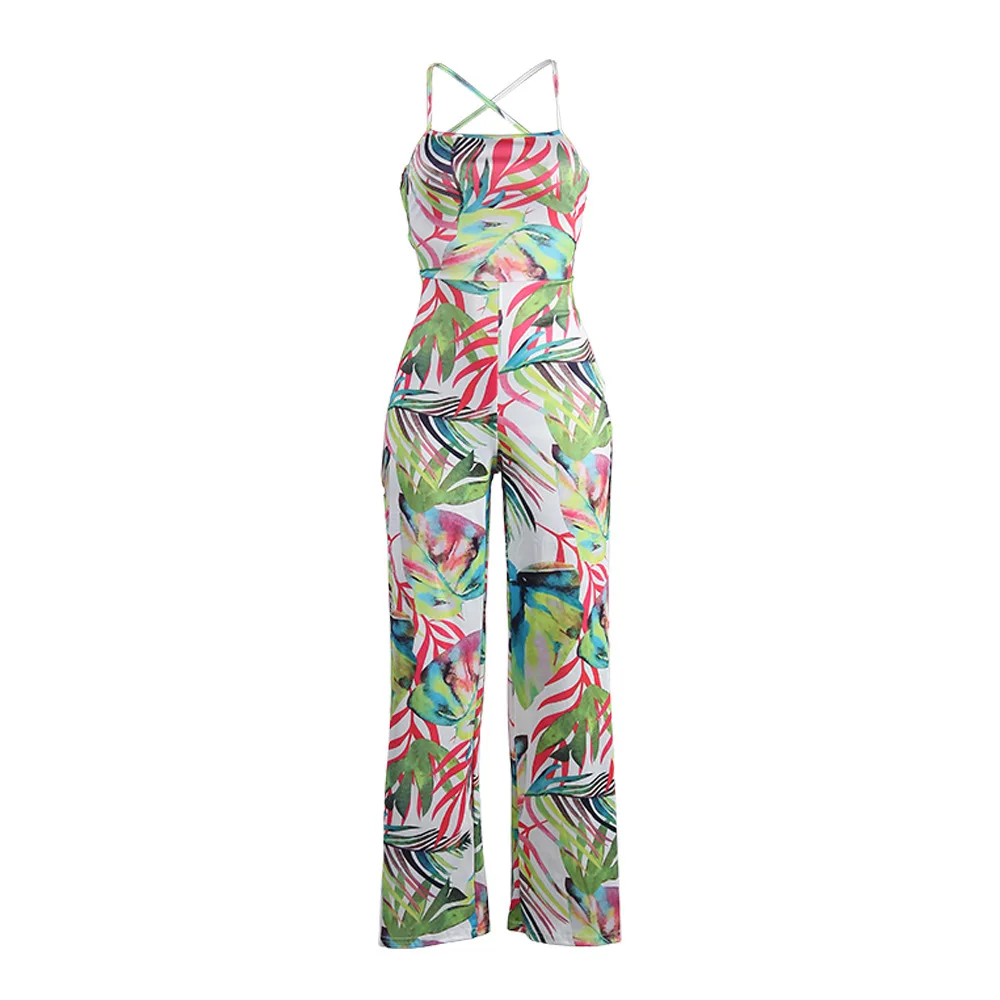 

Leaves Print Rompers Womens Jumpsuit Spaghetti Strap Sleeveless Wide Leg Overalls Summer Strapless Backless One Piece Bodysuit