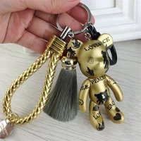 fashion love peace bear keychain for men women leather tassel key chains on bag car trinket jewelry party gift