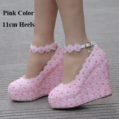 Pink 11cm Heels Розовые кружевные свадебные туфли для невесты; тонкие женские туфли на танкетке с ремешком на щиколотке; женские туфли-лодочки на платформе; туфли на высоком каблуке для вечеринки и выпускного; Размер 10 - Цвет: Pink 11cm Heels