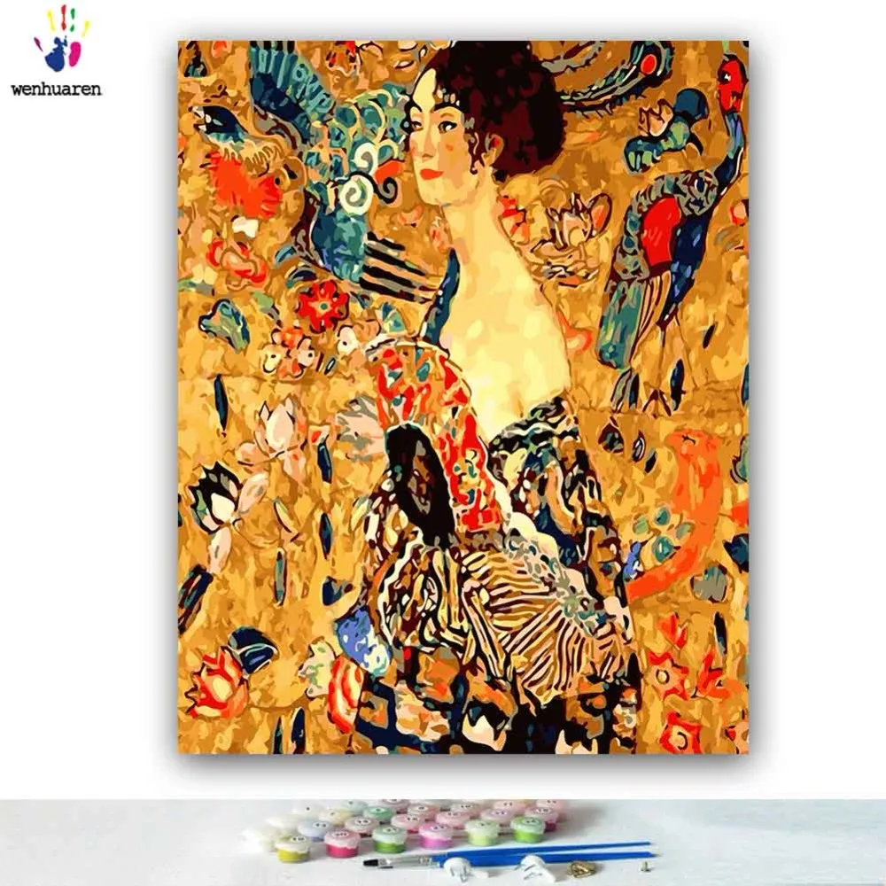 DIY colorings pictures by numbers with colors Lady Fan Gustav Klimt picture drawing painting framed Home | Дом и сад