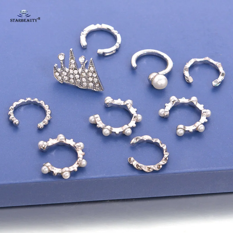 Starose 9 pcs/lot Hot Crown White Pearl Ear Jewelry Fake Piercing Helix Nose Ring Pircing Earrings Cuff | Украшения и аксессуары