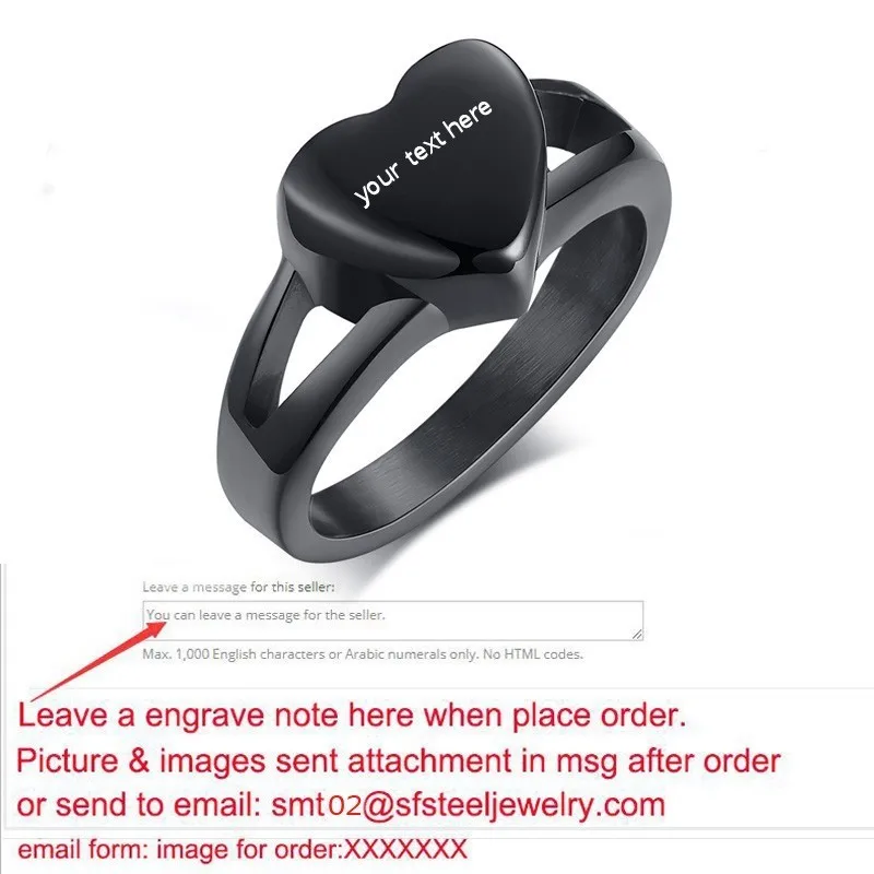 engraved black Женское серебряное кольцо из нержавеющей стали, дизайн в виде сердца, персонализированное кольцо для кремации, золовянная урна с логотипом, брендовые ювелирные изделия - Цвет основного камня: engraved black