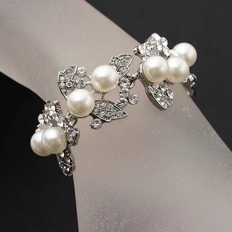 SLBRIDAL великолепный винтажный Серебряный Прозрачный Кристальный свадебный браслет стразы жемчуг лист свадебный браслет подружки невесты