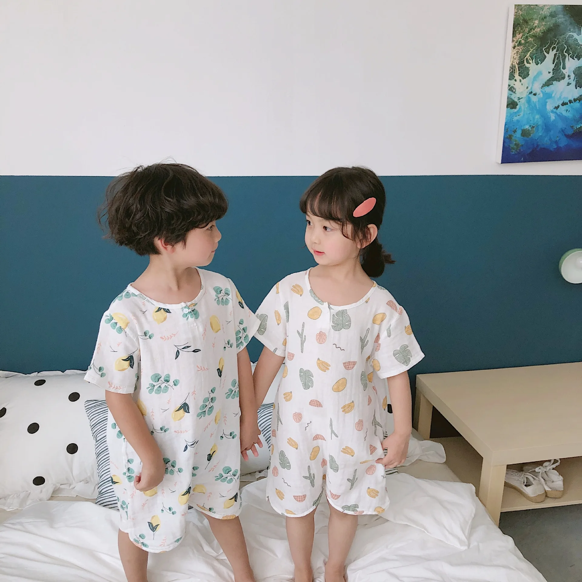 Summer 2019 boys girls pure cotton two layer cartoon printed leisure wear Korean style soft kids clothes sets bodysuits | Детская одежда