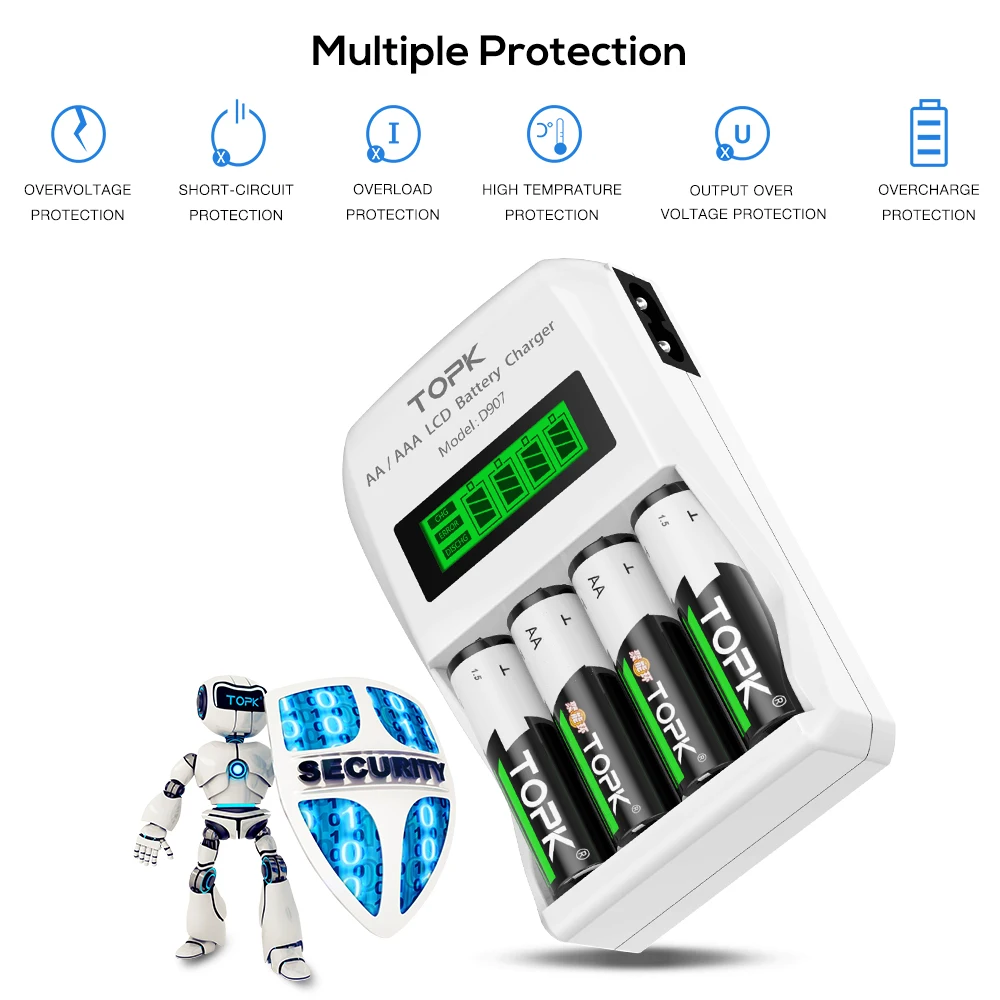 TOPK батарея зарядное устройство 4 слота ЖК В дисплей Intelligent 1 2 в/1.2A (Max) выход AA/AAA NiMH