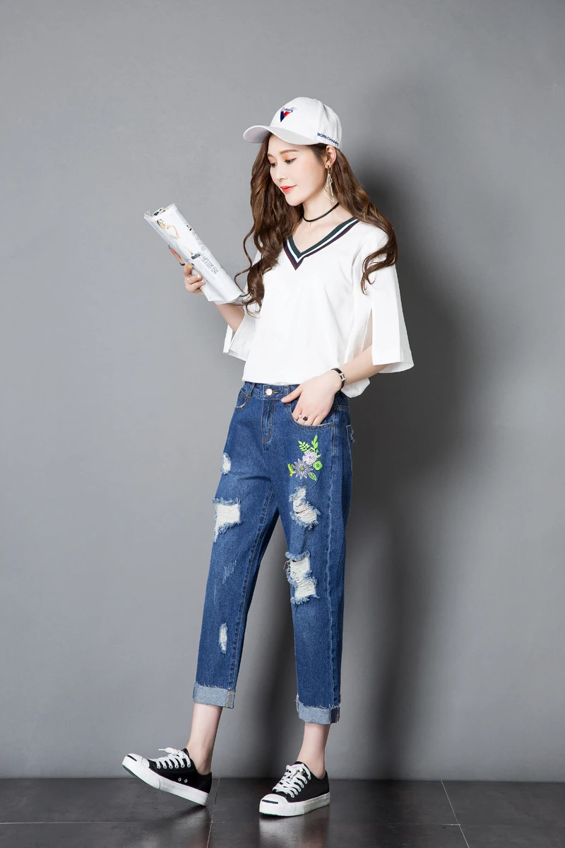 Nonis женские рваные джинсы с цветочной вышивкой boyfriend Pantalon Femme плюс размер Лето новая тонкая версия два цвета