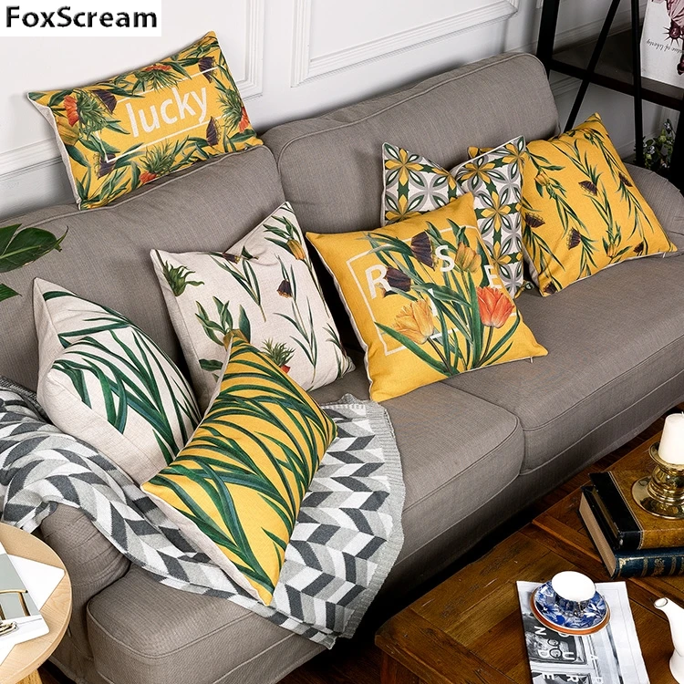 

Tropical decorative Pillows Floral throw Pillows cases Green Yellow Flower Cushion Cover Home Decor Pillow Cover for sofa