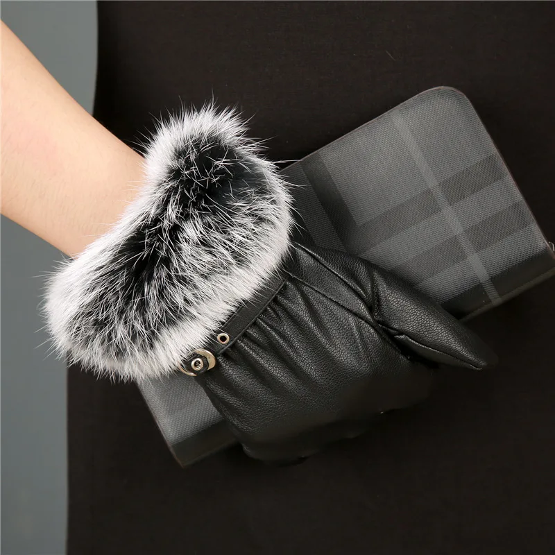 Перчатки женские из искусственной кожи зимние теплые 2016 с кроличьим мехом |