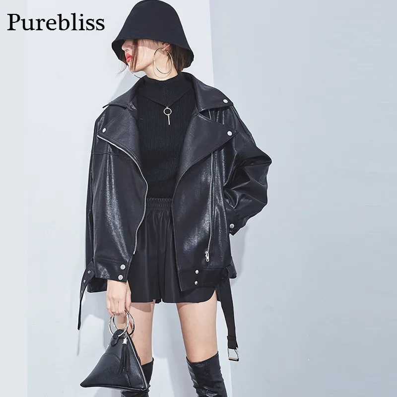 Purebliss 2017 на осень-зиму огромный парень pu кожаная куртка женская strtwear | Женская
